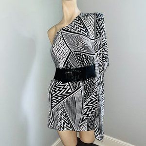 Black & White Abstract Side Shoulder Mini Dress